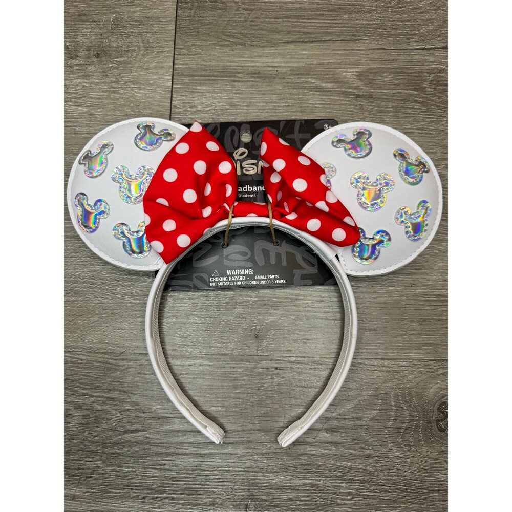 Disney Minnie Mouse Ears Headband White Sequin Red Polka Dot Bow